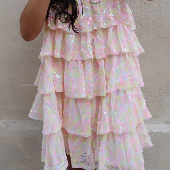 MABLE MARIAM MINI DRESS sequins ruffles sparkly size Small pink yellow pastel - Picture 10 of 15